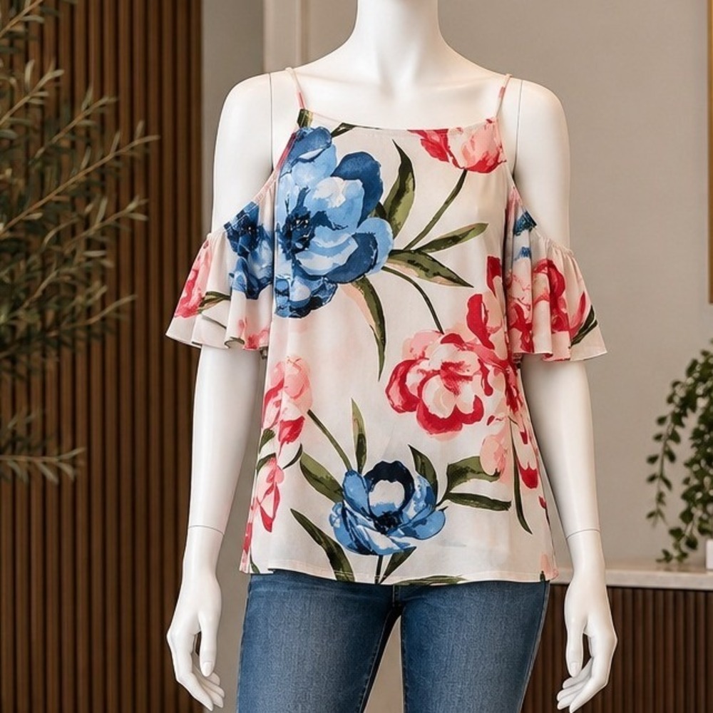 INC Womens Cold Shoulder Floral Print High Neck Blouse White Pink Blue Small